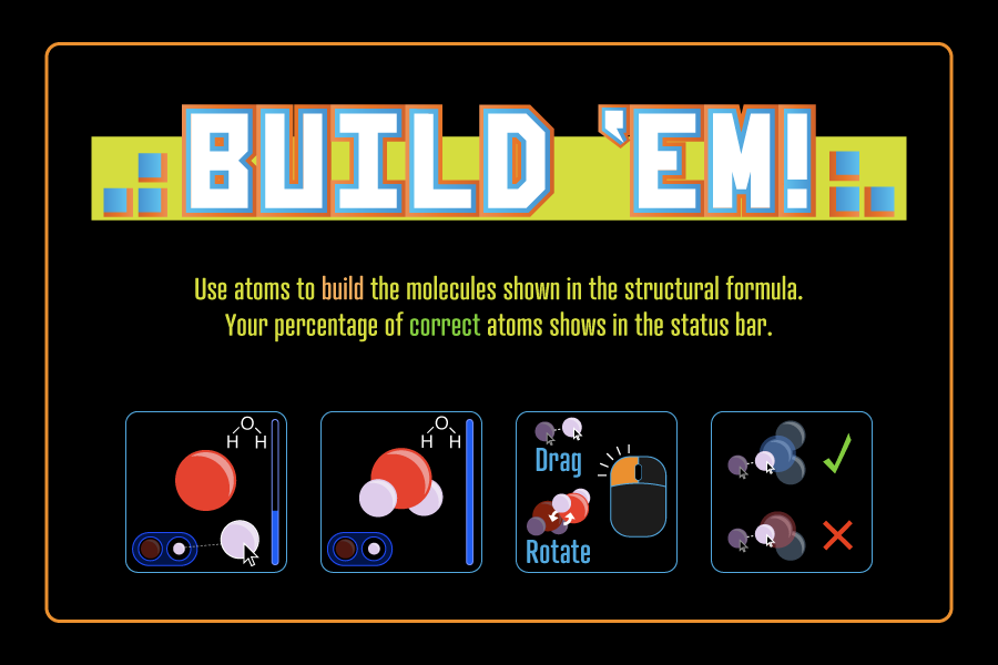 Use atoms to build the molecules shown in the structural formula. Your percentage of correct atoms shows in the status bar